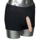 Packer Gear Black Boxer Harness M L on a mannequin, designed for hands-free wear with packers or stimulators.