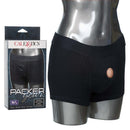 Packer Gear Black Boxer Harness M L displayed on a mannequin with packaging, designed for hands-free use with packers.