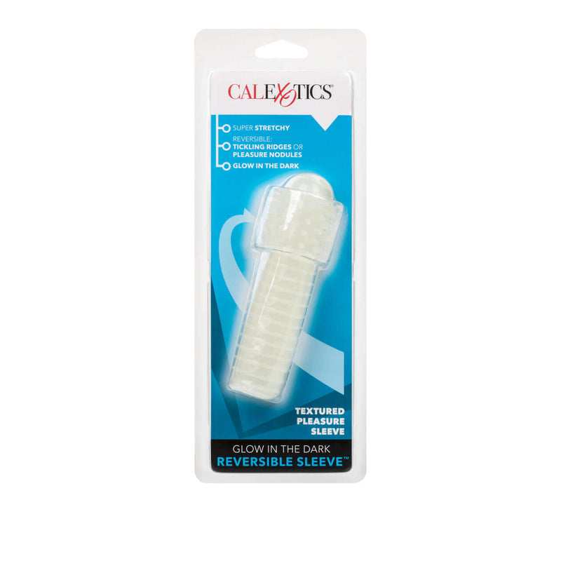 Glow-In-The-Dark Reversible Sleeve by California Exotic Novelties in packaging, featuring textured and stimulating nodules for enhanced pleasure.