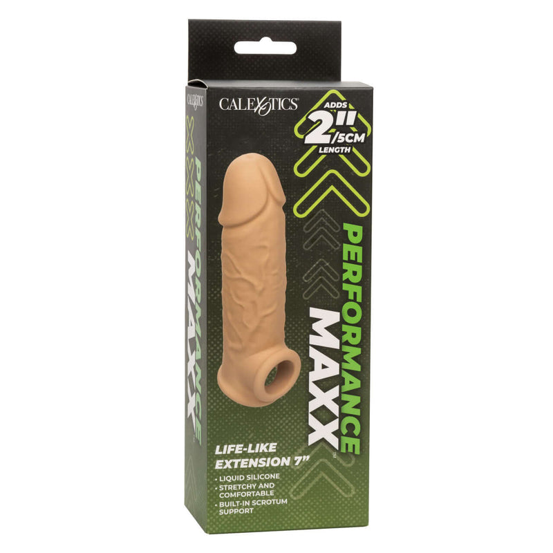 Performance Maxx Life-Like Penis Extension 7 inches packaging, showcasing added length and built-in scrotum support for pleasure.