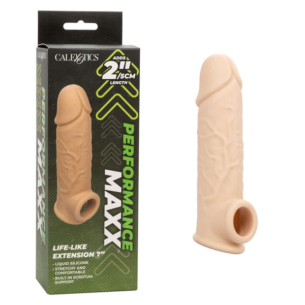 Performance Maxx 7-inch life-like penis extension sleeve package, showcasing hollow design for added length and comfort.