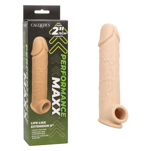 Performance Maxx Life Like Penis Extension 8 Inches in packaging alongside product, adding 2 inches to length, from California Exotic Novelties