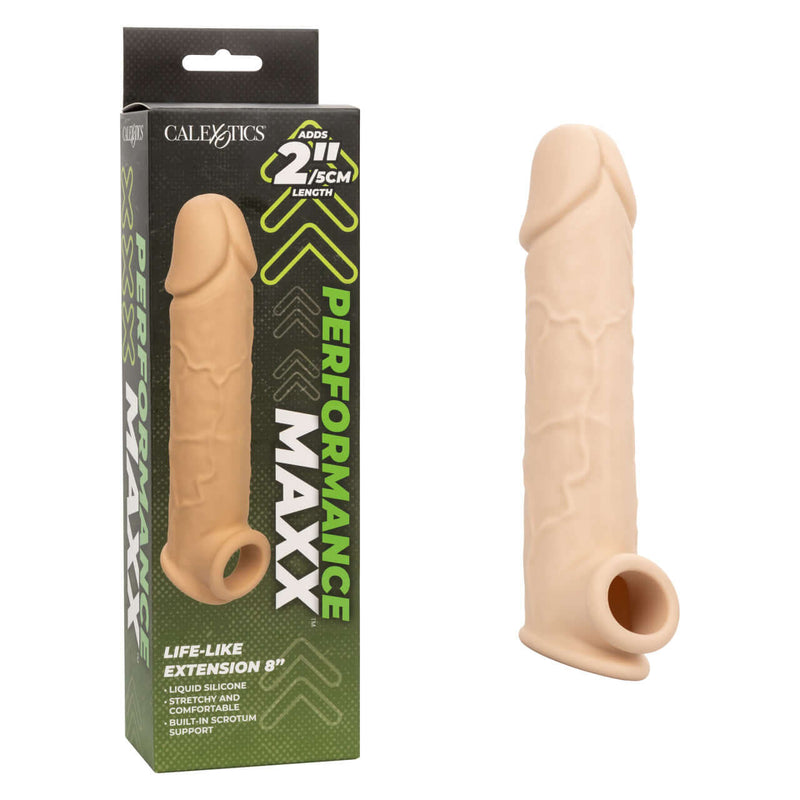 Performance Maxx Life Like Penis Extension 8 Inches in packaging alongside product, adding 2 inches to length, from California Exotic Novelties