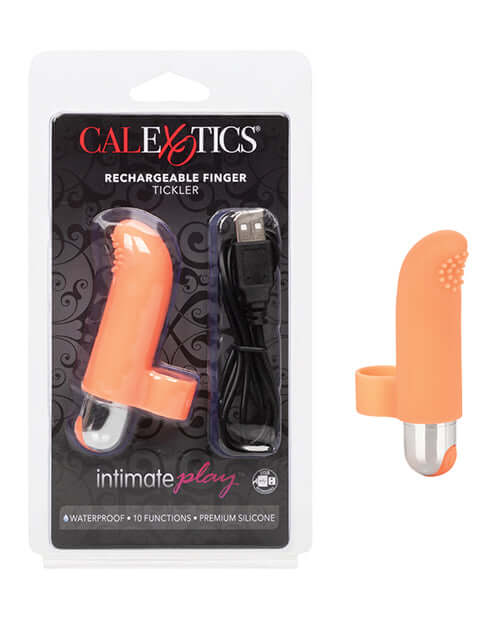 California Exotic Intimate Play Rechargeable Finger Tickler vibrator in packaging with USB charging cord.