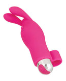 Intimate Play Rechargeable Finger Bunny Vibrator design in pink silicone with rabbit ears and a silver base.