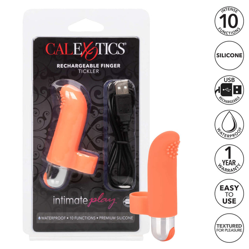 Intimate Play Rechargeable Finger Tickler vibrator by CalExotics, featuring 10 vibration functions and waterproof design.