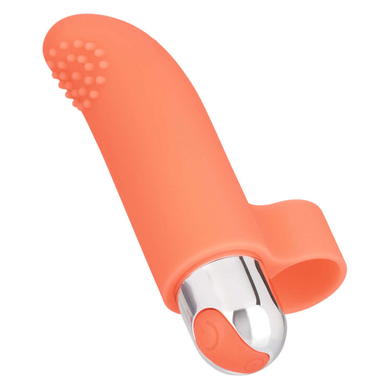 Intimate Play Rechargeable Finger Tickler Vibrator in vibrant orange with nubbed tip and removable bullet.