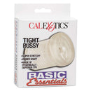 Basic Essentials Tight Pussy Stroker packaging featuring a super stretchy ribbed shaft designed for intense stimulation.