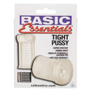 Basic Essentials Tight Pussy Stroker packaging featuring super stretchy design and ribbed shaft for enhanced pleasure.