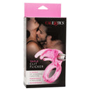 Triple Clit Flicker Ring Pink packaging showcasing a couple, featuring 3 speeds of vibration and removable stimulator.