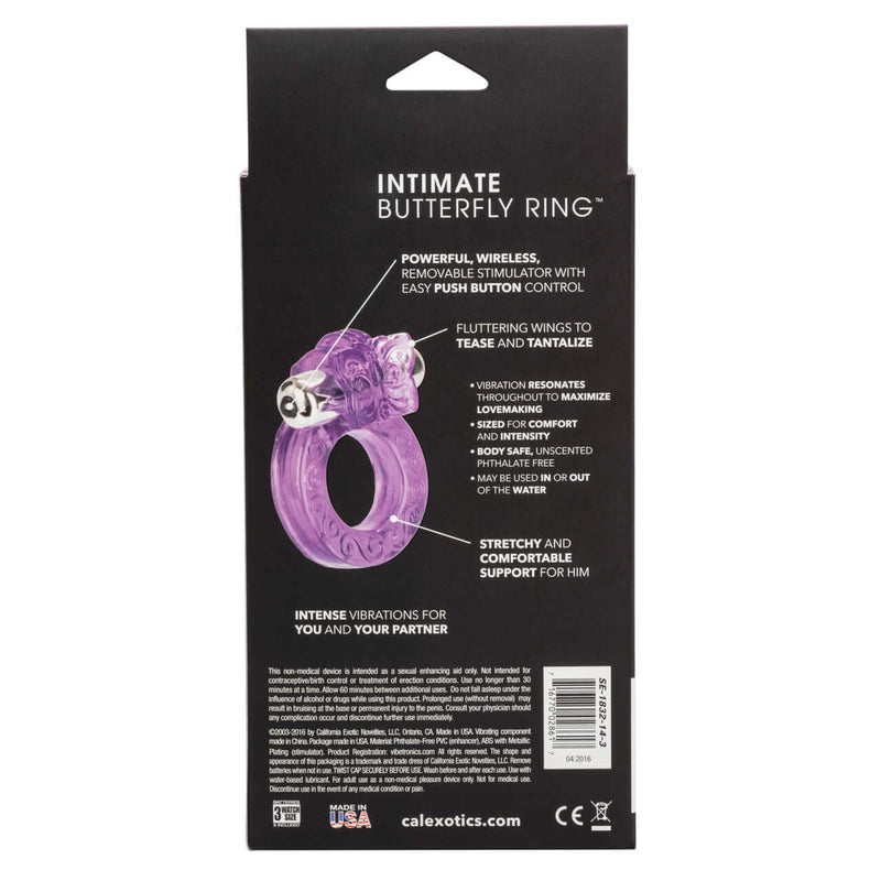 Intimate Butterfly Ring with clitoral stimulation details on packaging, featuring a purple color and easy control settings.
