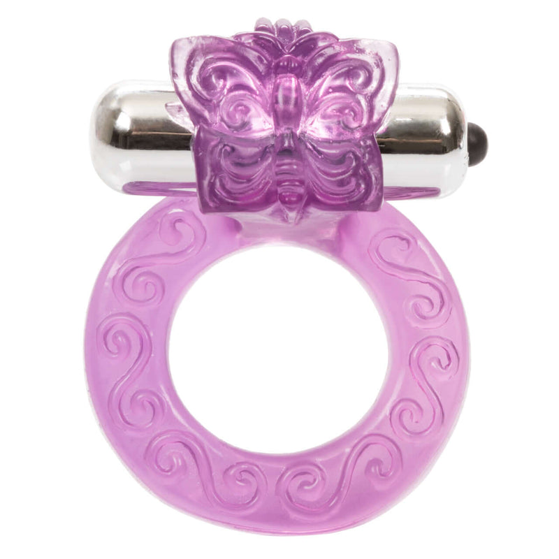 Intimate Butterfly Ring Vibrating Cock Ring in purple with clitoral stimulation features for erotic pleasure.