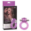 Intimate Butterfly Ring Vibrating Cock Ring with Clitoral Stimulation in purple packaging and product displayed.
