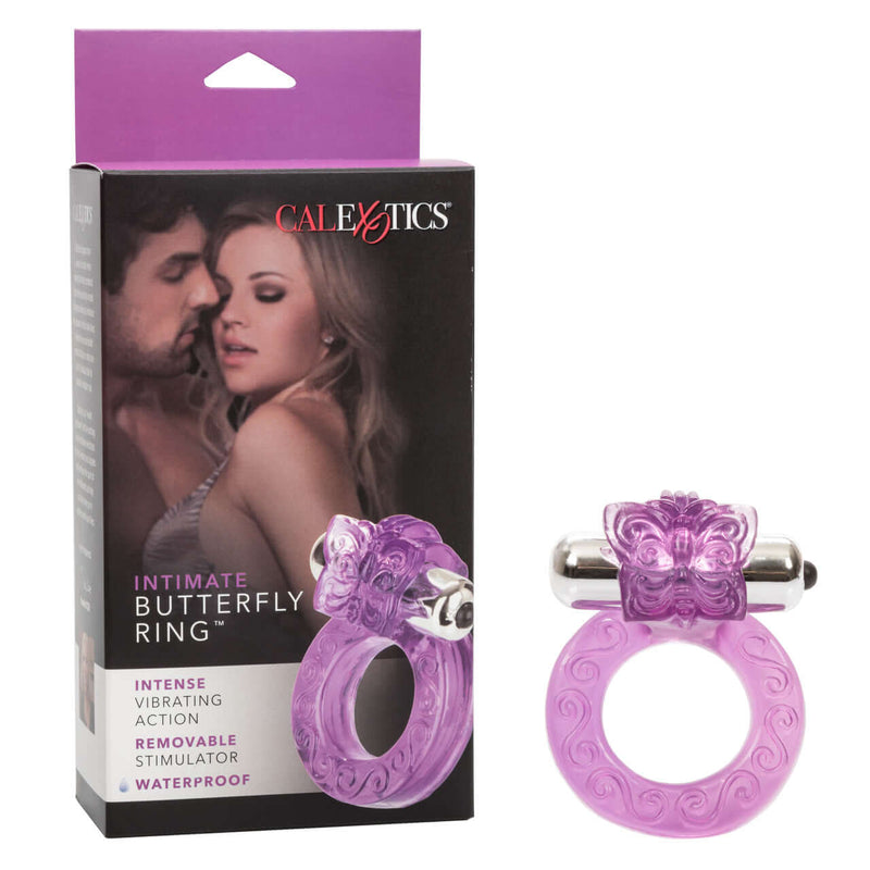 Intimate Butterfly Ring Vibrating Cock Ring with Clitoral Stimulation in purple packaging and product displayed.
