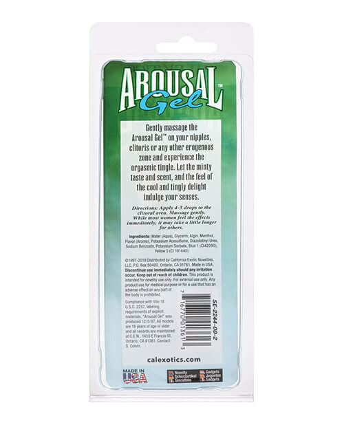 Arousal Gel packaging with usage instructions and ingredients for enhancing intimacy and sensual experiences.