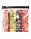 Fuck Sauce Flavored Water Based Lubricant Variety 4 Pack packaging featuring fruit flavors and brand details.