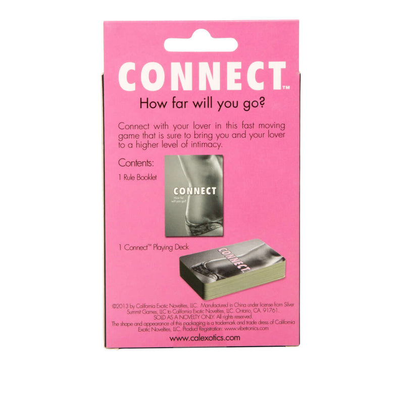 Backside of Connect Adult Card Game box by California Exotic Novelties, showing rule booklet and playing deck contents.