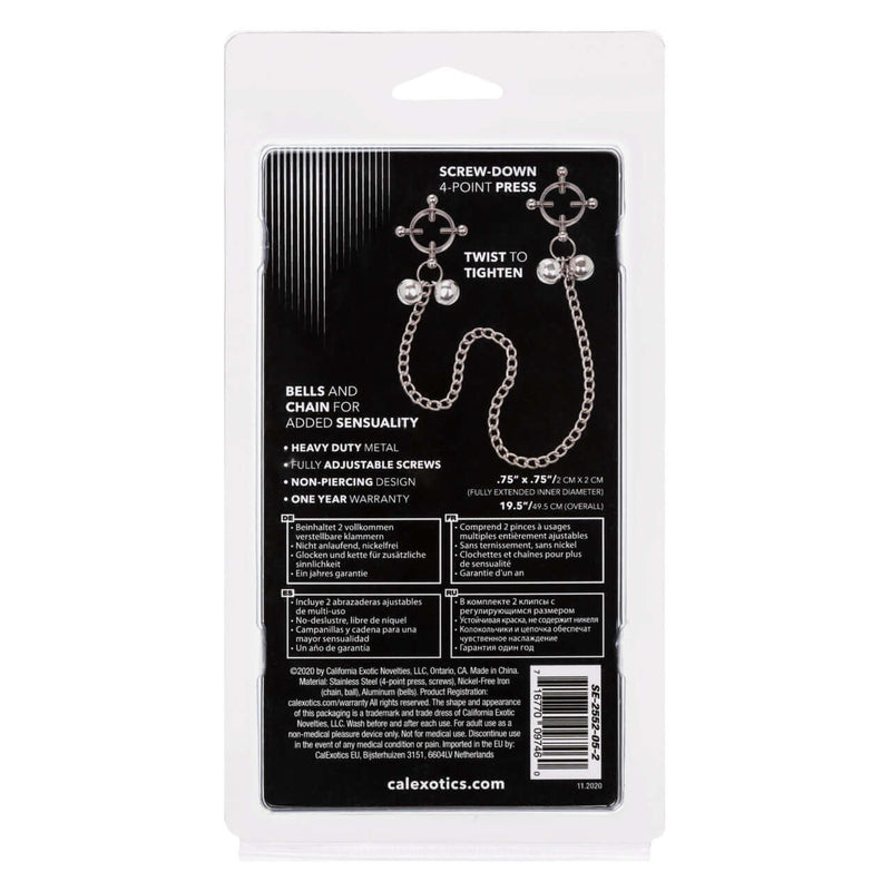 Nipple Grips 4-Point Nipple Press with Bells, adjustable metal screws for enhanced pleasure, packaging by California Exotic Novelties.
