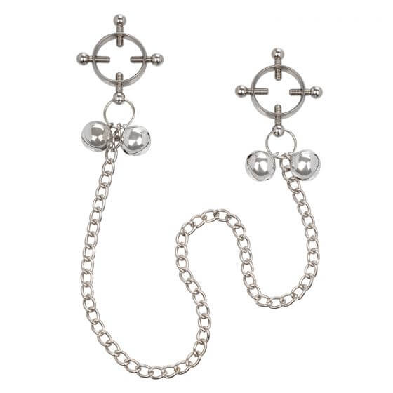 Nipple Grips 4-Point Nipple Press with Bells in silver, adjustable pressure, chain connection for enhanced nipple play.