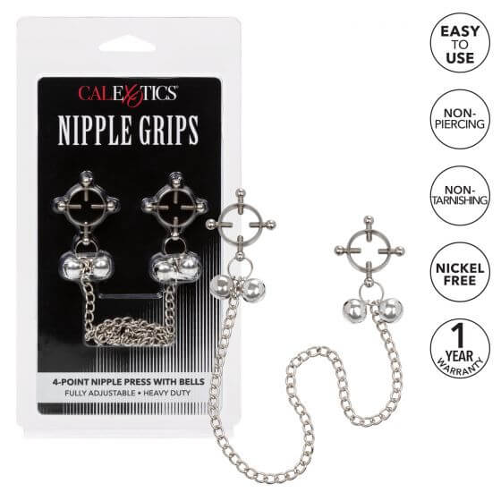 Silver 4-Point Nipple Press with Bells by California Exotic Novelties, fully adjustable and non-piercing for playful nipple stimulation.