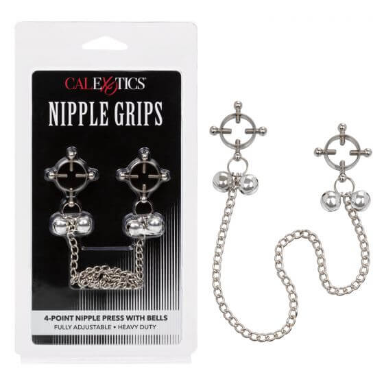 Nipple Grips 4-Point Nipple Press with Bells by California Exotic Novelties, fully adjustable nipple clamps for enhanced pleasure.