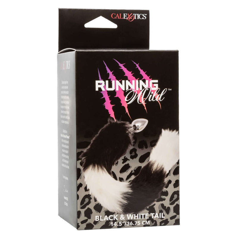 Running Wild Black and White Tail Butt Plug packaging by CalExotics featuring sleek design and luxurious fur tail.