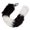 Black and white fur tail butt plug with seamless metallic probe for exciting intimate play.