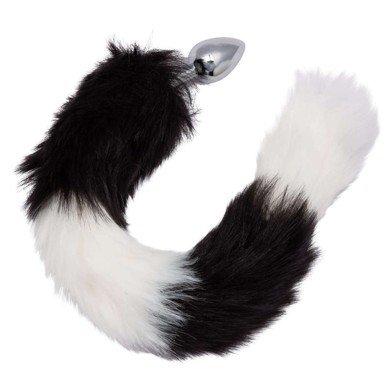 Black and white fur tail butt plug with seamless metallic probe for exciting intimate play.