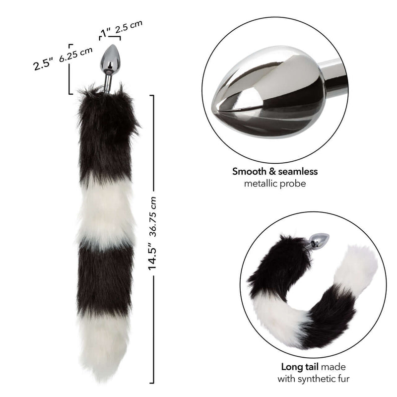 Running Wild Black and White Tail Butt Plug with luxurious fur tail and smooth metallic probe for intimate pleasure.