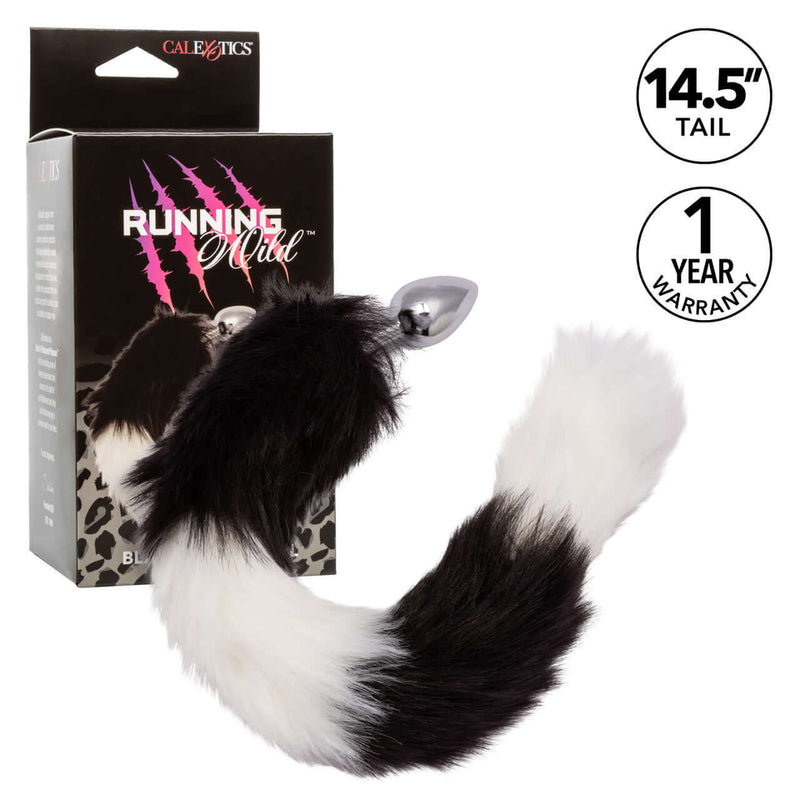 Running Wild Black and White Tail Butt Plug with 14.5” tail, sleek metallic probe, and packaging from California Exotic Novelties.