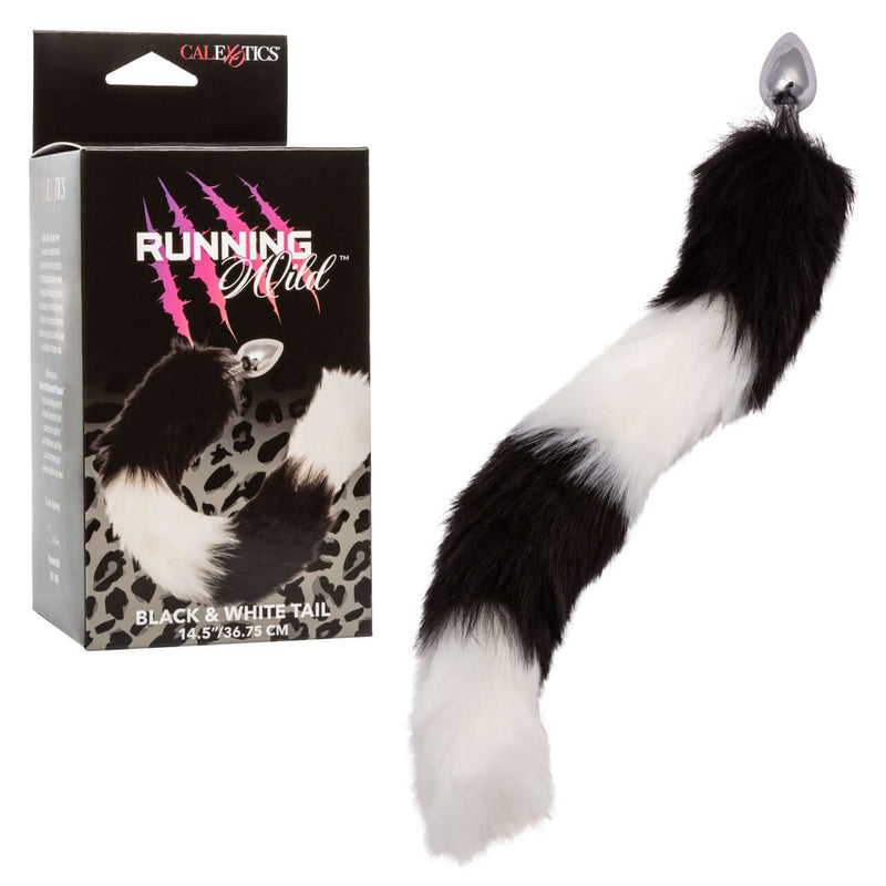 Running Wild Black and White Tail Butt Plug with luxurious fur tail, packaged by California Exotic Novelties.