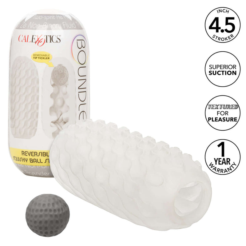 Boundless Reversible Squishy Ball Stroker Smoke with tip tickler and storage case for discreet pleasure.
