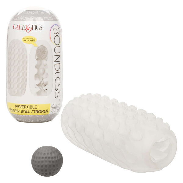 Boundless Reversible Squishy Ball Stroker Smoke by California Exotic Novelties with storage case and tip tickler.