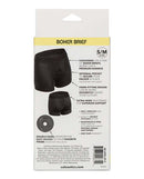Packaging of Boundless Boxer Brief Harness S/M by CalExotics detailing features like internal pocket and extra-wide waistband.
