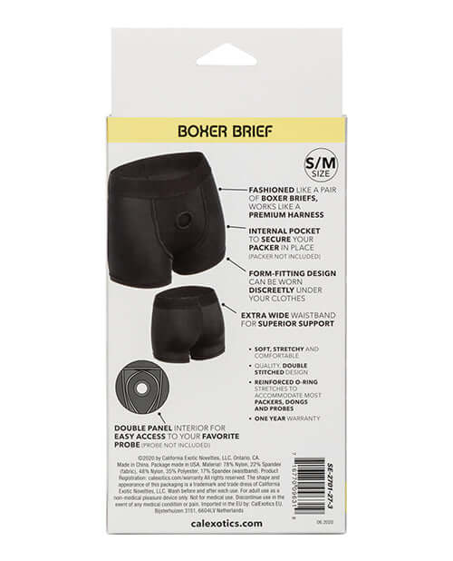 Packaging of Boundless Boxer Brief Harness S/M by CalExotics detailing features like internal pocket and extra-wide waistband.