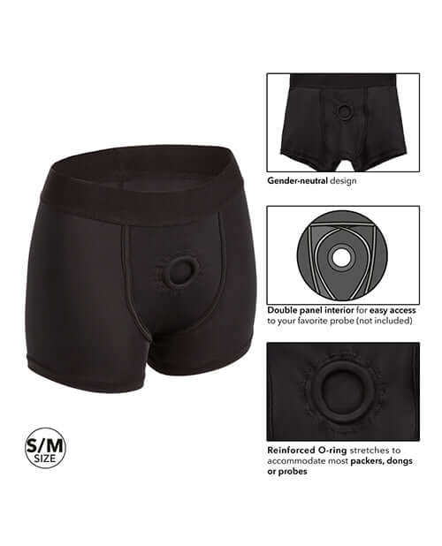 Boundless Boxer Brief Harness S/M with reinforced O-ring and double panel design for packers and dongs, gender-neutral, black.