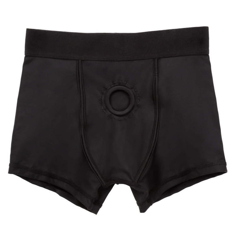 Black Boundless Boxer Brief Harness with O-ring and wide waistband for comfort and performance in versatile play.