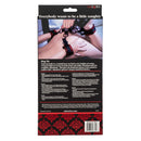 Back packaging of Scandal Hogtie by California Exotic Novelties, showing adjustable red and black bondage restraints on a model's wrists and ankles.