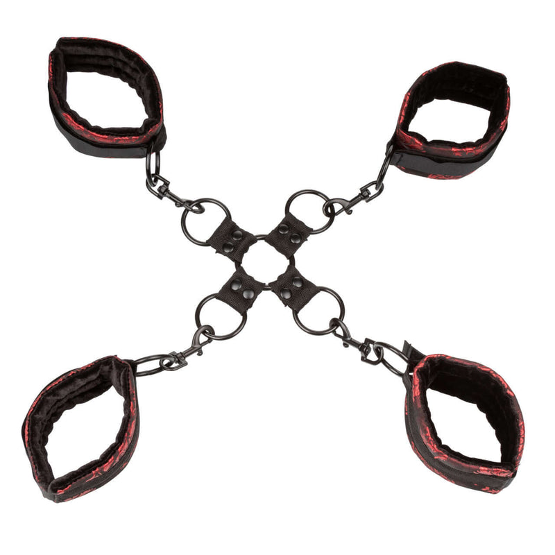 Adjustable red and black Scandal Hogtie bondage restraints from California Exotic Novelties designed for sophisticated bondage play
