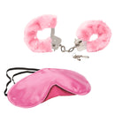 Pleasure Cuffs with Satin Mask Pink set featuring soft pink cuffs and a smooth satin blindfold for sensory play.