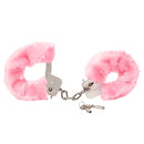 Pleasure Cuffs with Satin Mask Pink soft furry cuffs featuring metal hardware and key for bondage play.