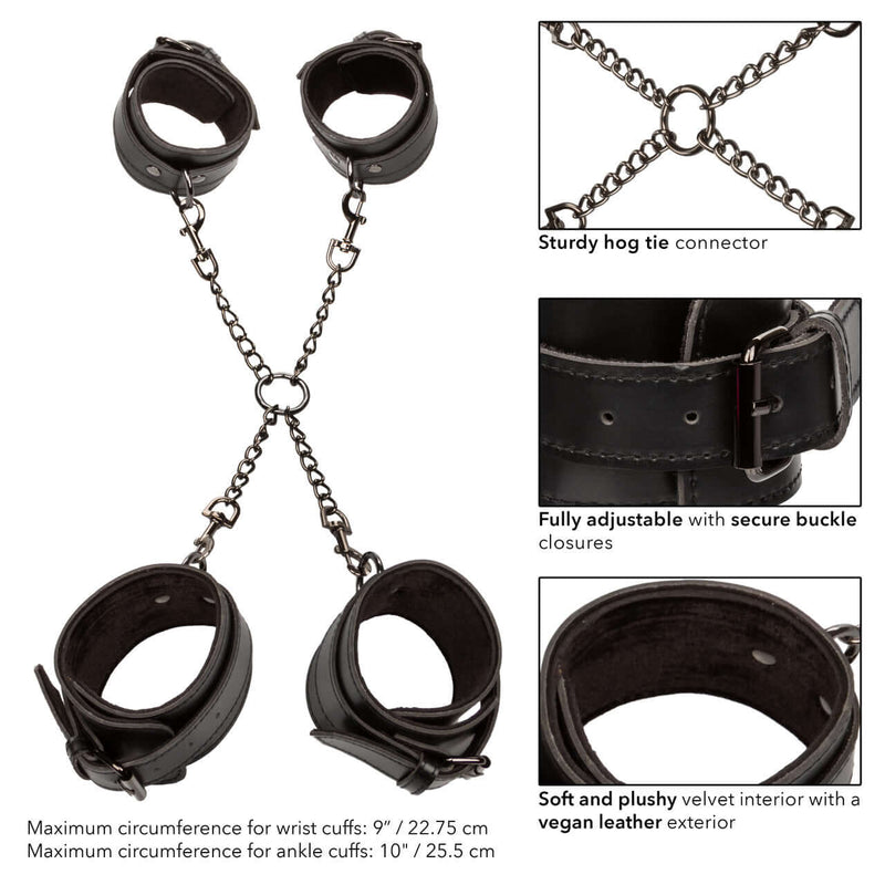 Euphoria Collection Hog Tie in black with adjustable cuffs and sturdy connector for bondage play.