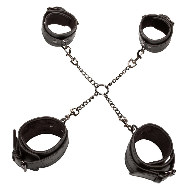Euphoria Collection Hog Tie in black with adjustable cuffs and sturdy connector for bondage play.