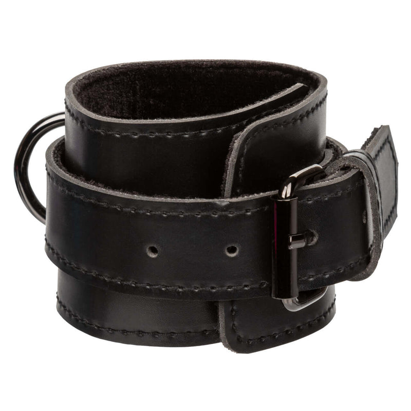 Black leather cuff from the Euphoria Collection Hog Tie, featuring buckle and adjustable design for bondage play.