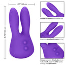 Mini Marvels Marvelous Bunny Purple Vibrator dimensions and features showcasing silicone material, dual motors, and rechargeable design