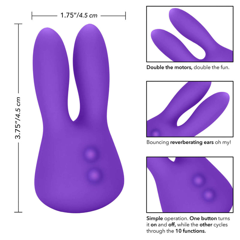 Mini Marvels Marvelous Bunny Purple Vibrator dimensions and features showcasing silicone material, dual motors, and rechargeable design