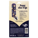 Naughty Bits Just The Tip Bullet Vibrator packaging showing features, USB rechargeable, 10 powerful functions, floral design.