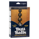 Naughty Bits Butt Balls Silicone Booty Beads packaging featuring tapered beads and a sturdy retrieval loop.