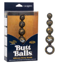 Naughty Bits Butt Balls Silicone Booty Beads in packaging showcasing tapered beads and O-shaped retrieval loop.
