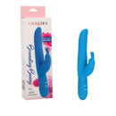 Posh 10 Function Silicone Bounding Bunny Blue Vibrator beside its packaging, showcasing its sleek design and vibrant blue color.